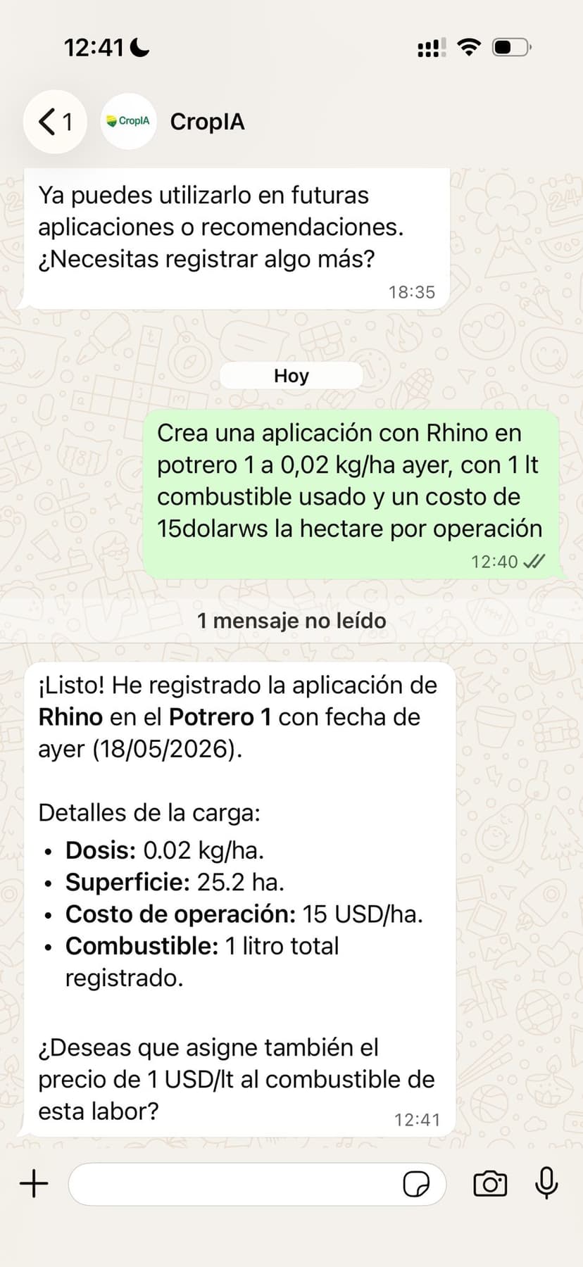 CropIA en WhatsApp - consultá al agente desde tu celular