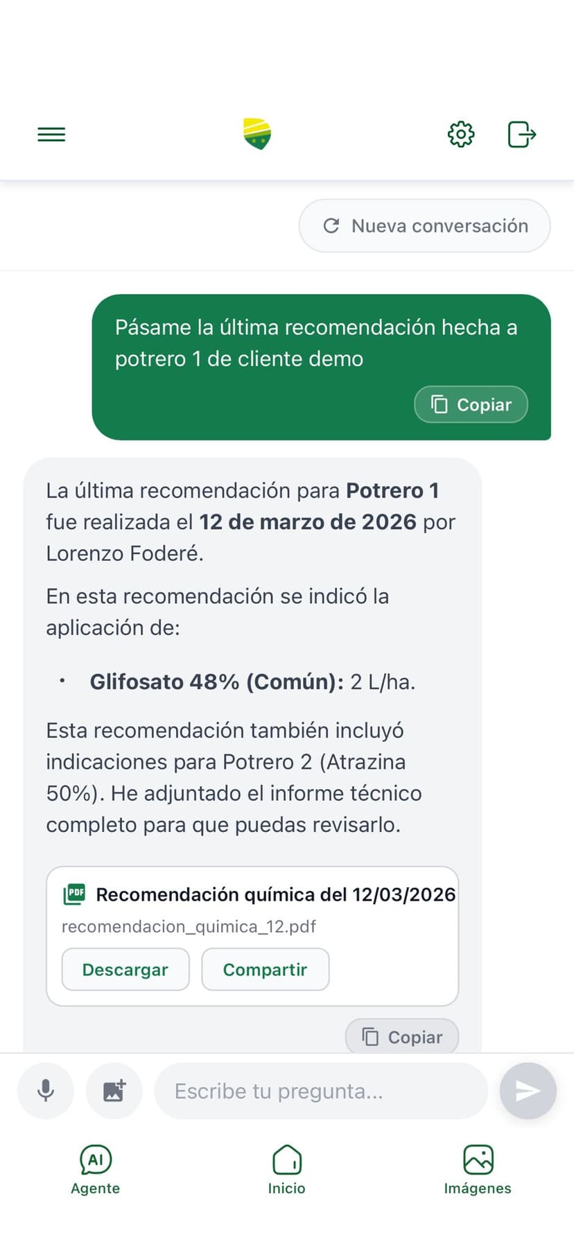 CropIA en celular - recomendación del agente