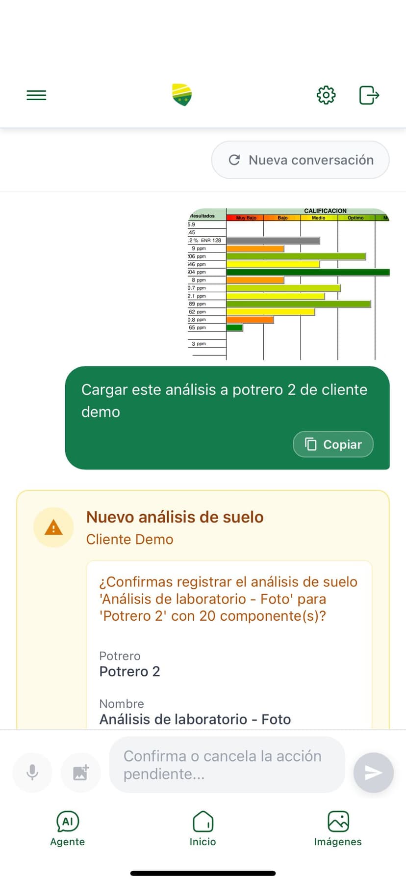 Cargando análisis de suelo desde el celular